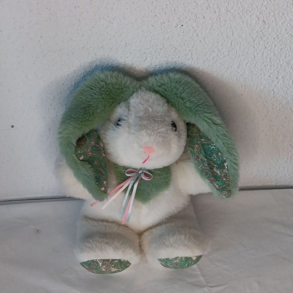 Dandee Easter Rabbit Plush Paisley Ears Feet Green White Stuffed Vintage Bunny